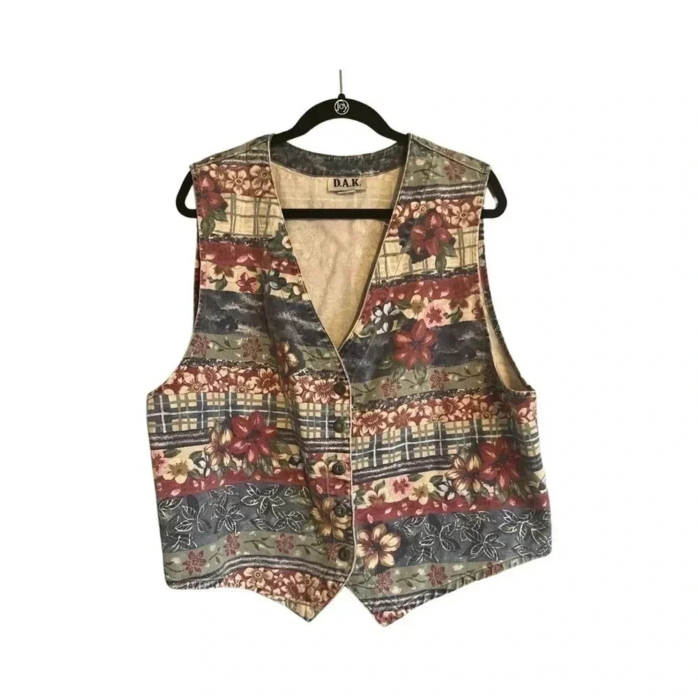 Vintage DAK Floral Denim Vest Womens 2X Acid‎ Wash Patchwork Plaid Button Front
